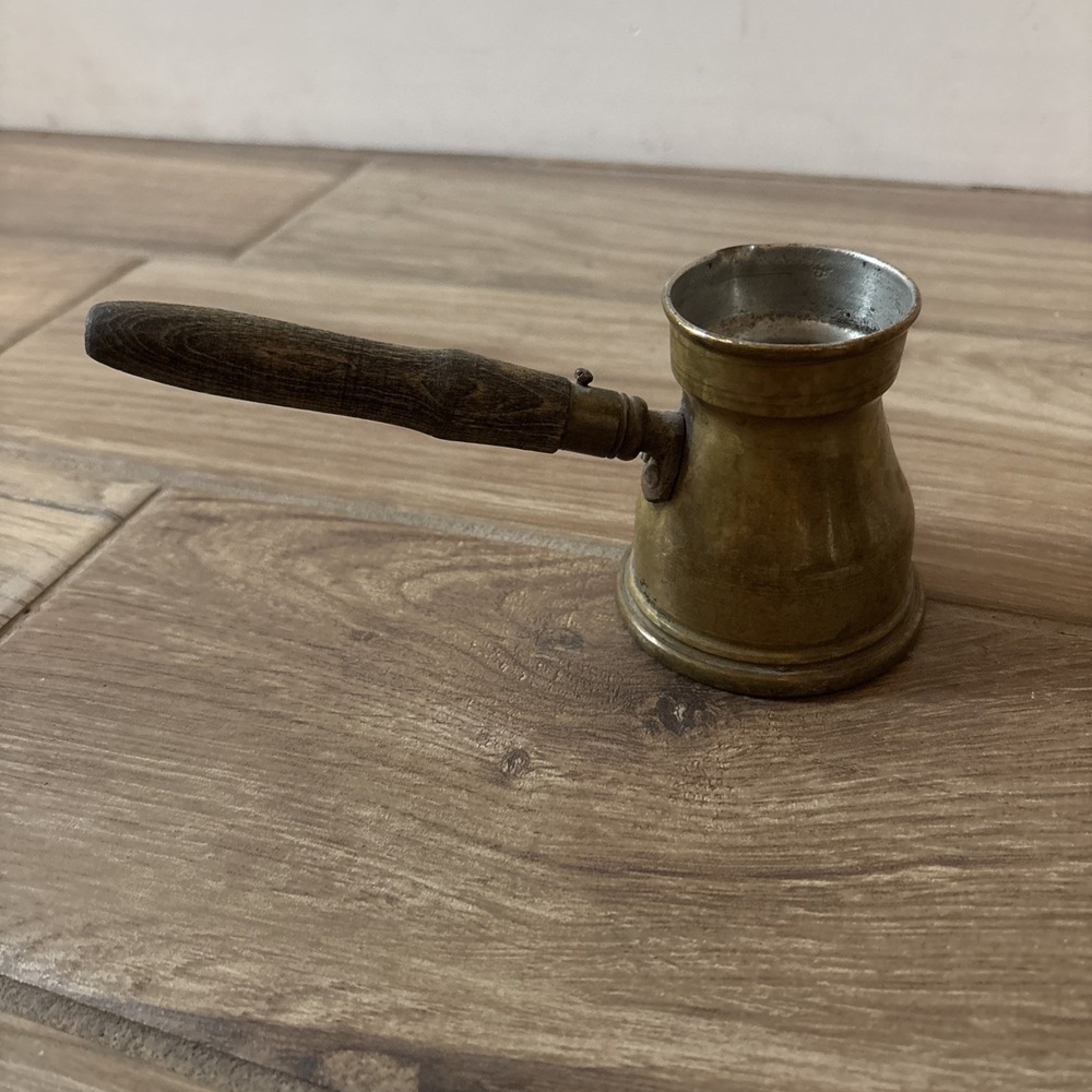 Vintage Turkish Cezve Brass Wood Coffee Pot Signed Stamped Ibrik Metalware